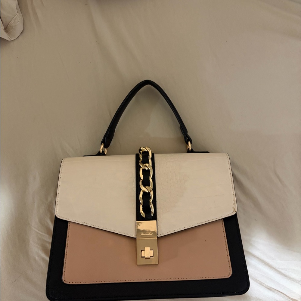 Aldo Black, Cream, and Tan Tote with Gold Chain